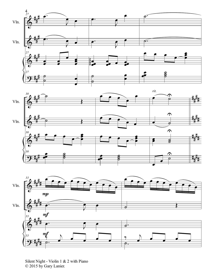 Gary Lanier: SILENT NIGHT (Trio – Violin 1, Violin 2 & Piano with Score & Parts) Violin scores gallery preview page 5
