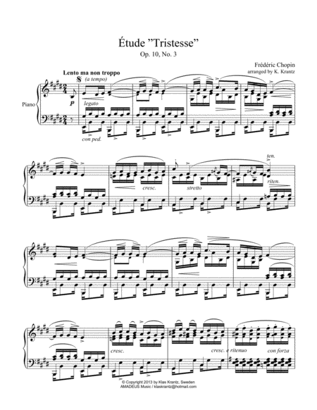 Étude (Study) "Tristesse" Op 10 No. 3 (abridged) for piano solo image number null