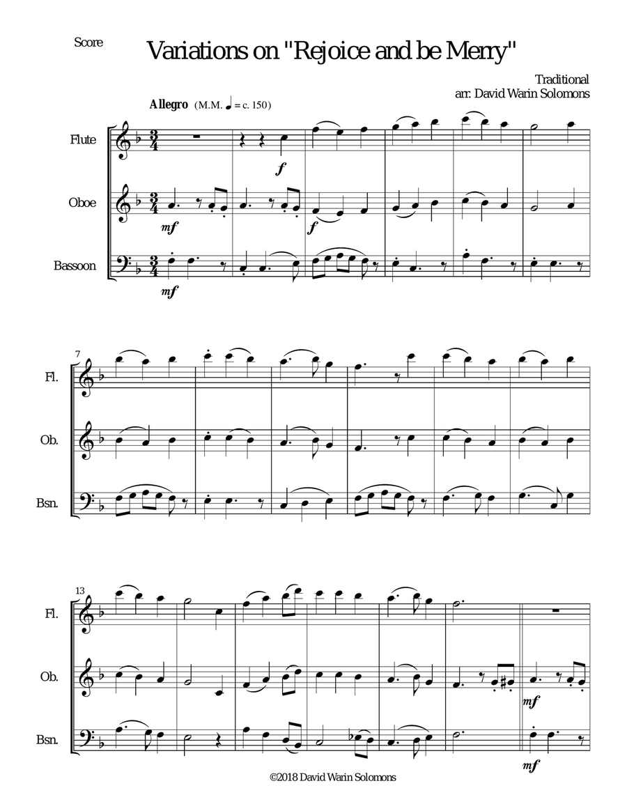 Variations on Rejoice and Be Merry (The Gallery Carol) for wind trio (flute, clarinet, bassoon) Woodwind Trio scores gallery preview page 1