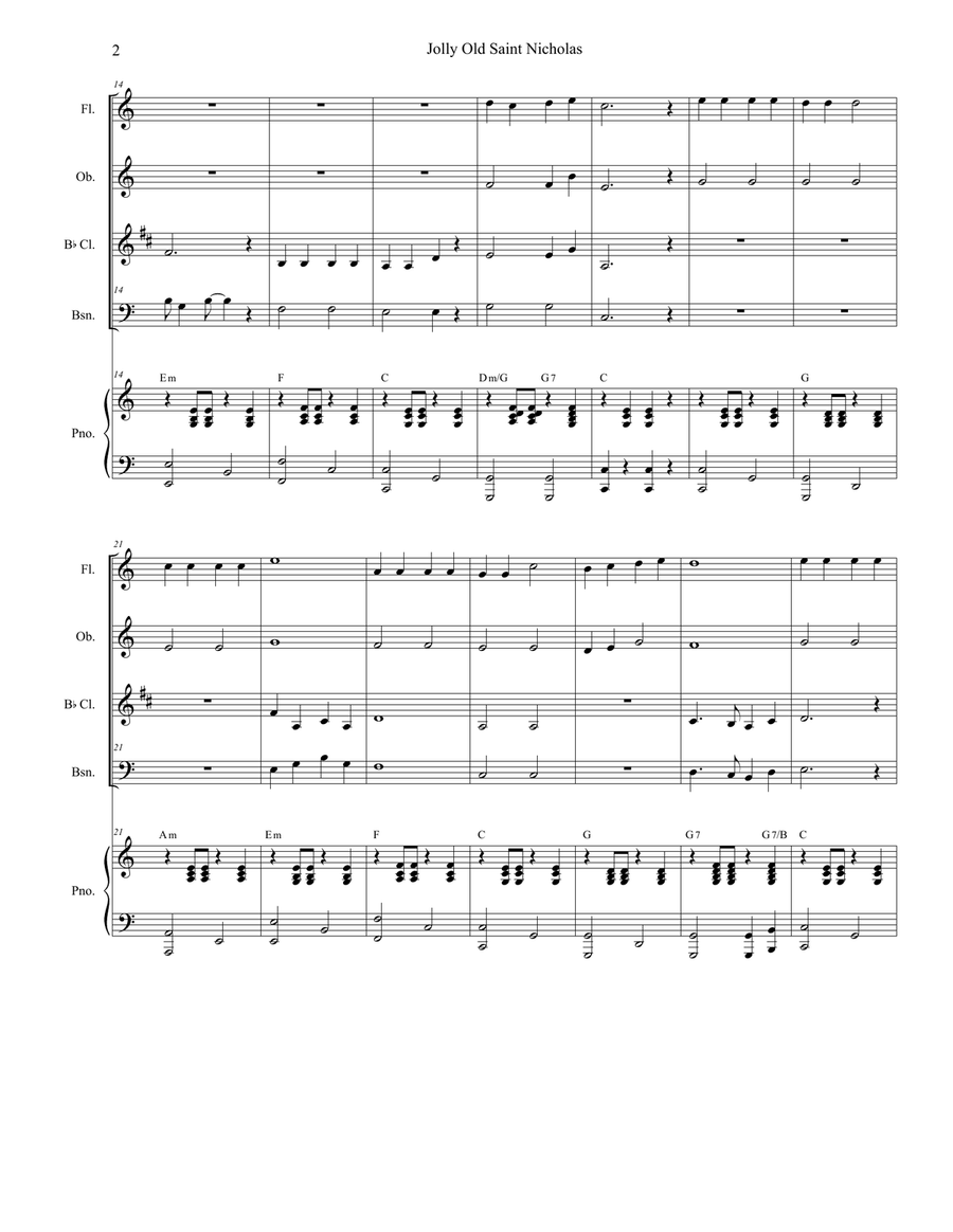 Jolly Old Saint Nicholas with Up On The Housetop (for Woodwind Quartet and Piano) Woodwind Quartet scores gallery preview page 3