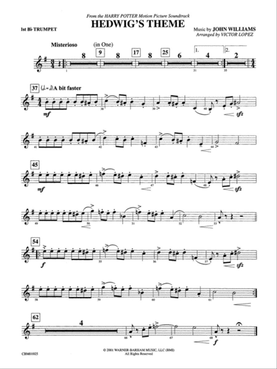 Hedwig's Theme (from Harry Potter): 1st B-flat Trumpet Concert Band scores gallery preview page 1