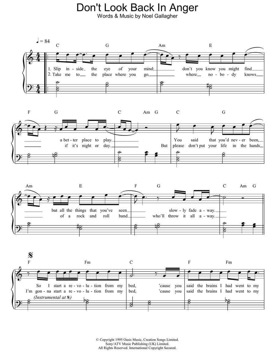 Don't Look Back In Anger Piano Solo scores gallery preview page 1