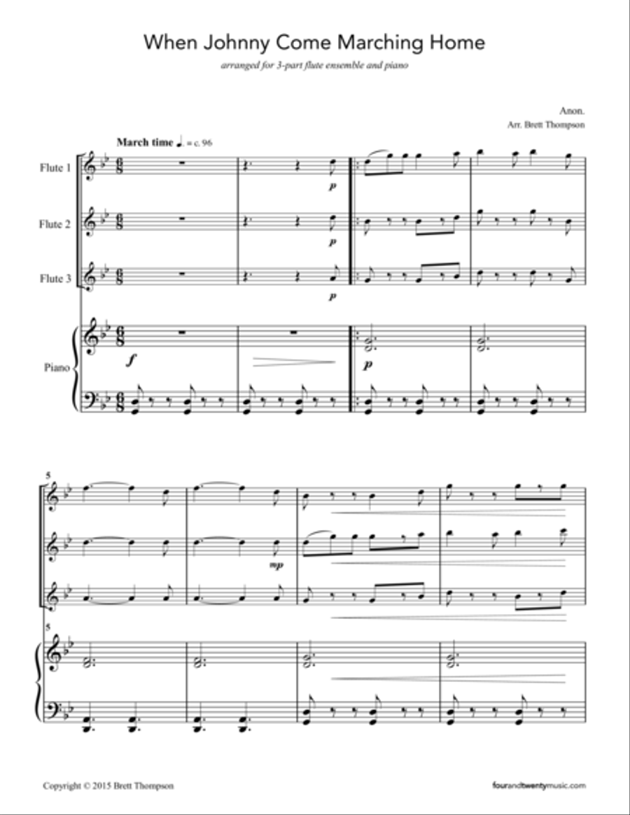 When Johnny Comes Marching Home, arranged for two or three flues and optional piano Flute Solo scores gallery preview page 2