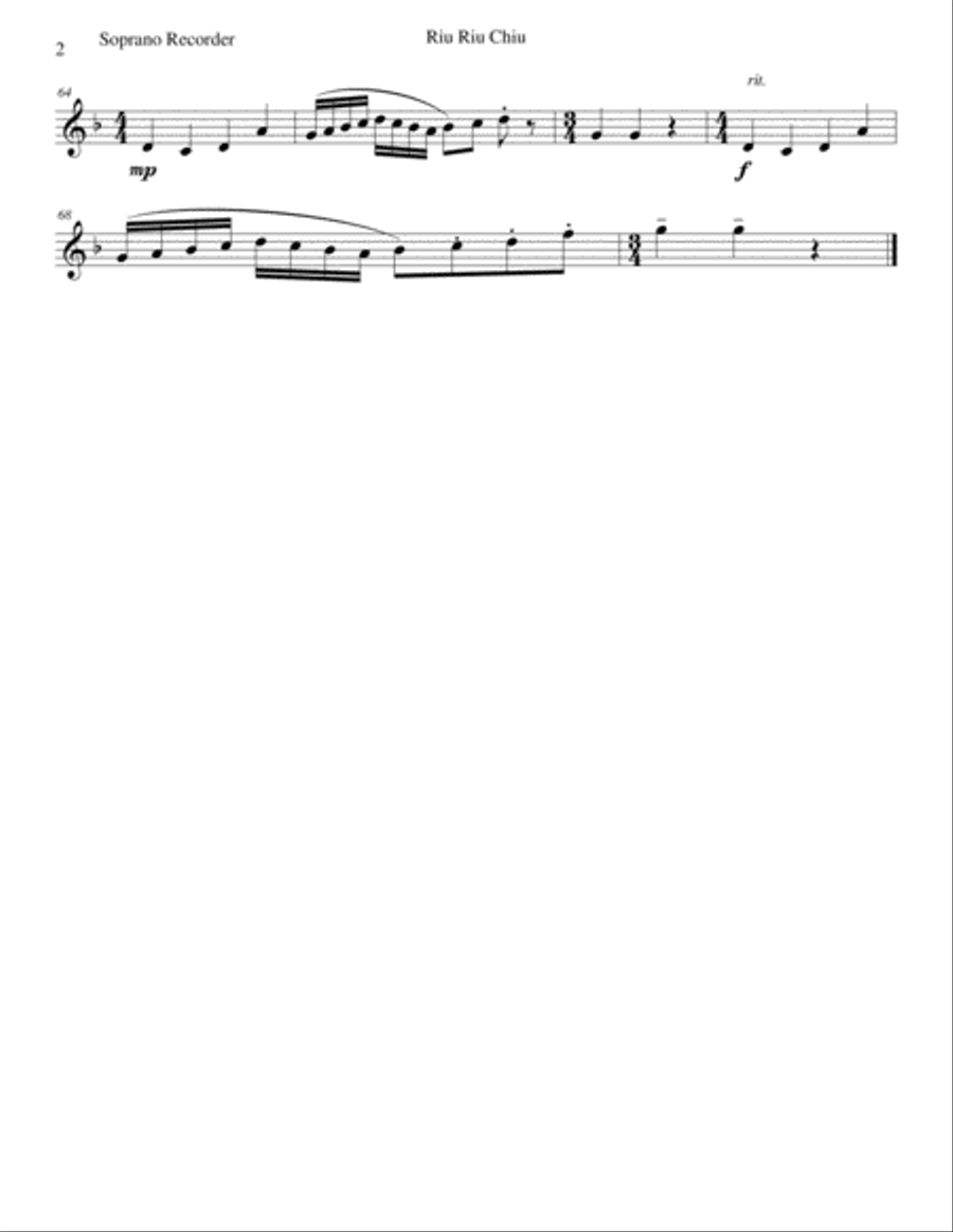 Riu Riu Chiu arranged for recorder quintet (soprano, 2 altos, tenor, bass) Soprano Recorder scores gallery preview page 6