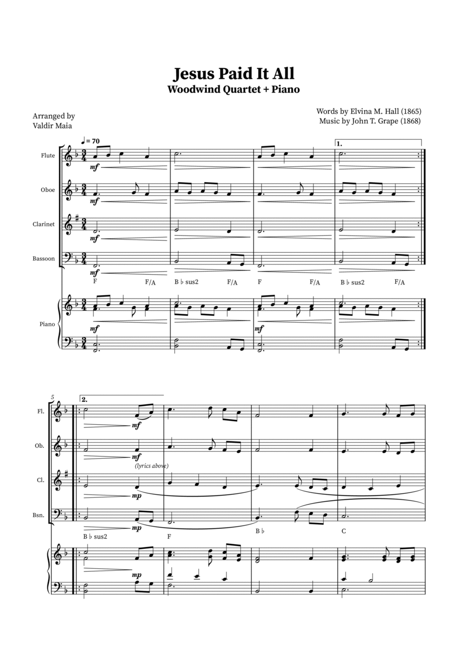 Jesus Paid It All - Woodwind Quartet and Piano (+Chords) Woodwind Quartet scores gallery preview page 1