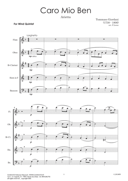 Caro mio ben - Woodwind quintet (score & parts) image number null