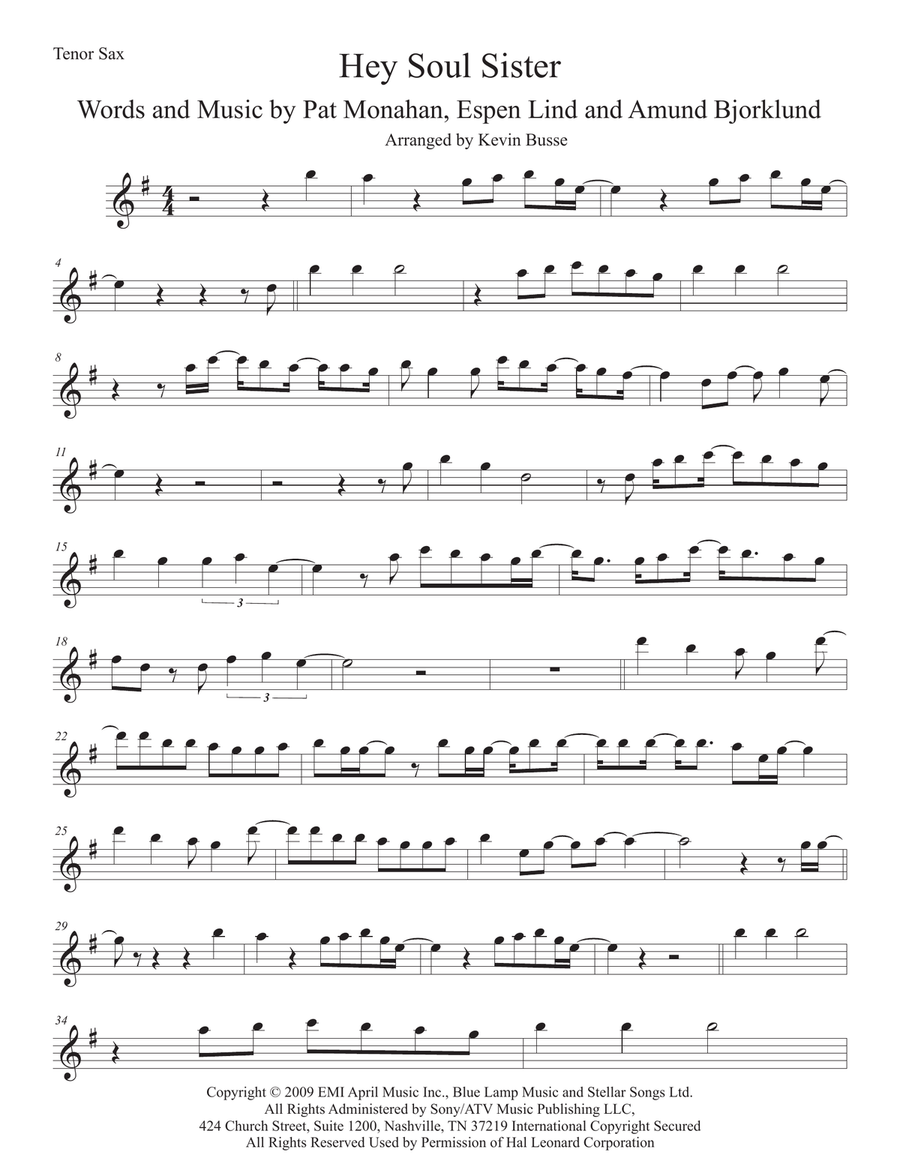 Hey, Soul Sister Tenor Saxophone scores gallery preview page 1