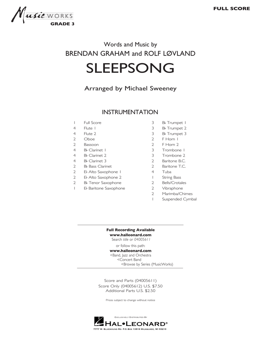 Sleepsong (arr. Michael Sweeney) - Conductor Score (Full Score) Concert Band scores gallery preview page 1