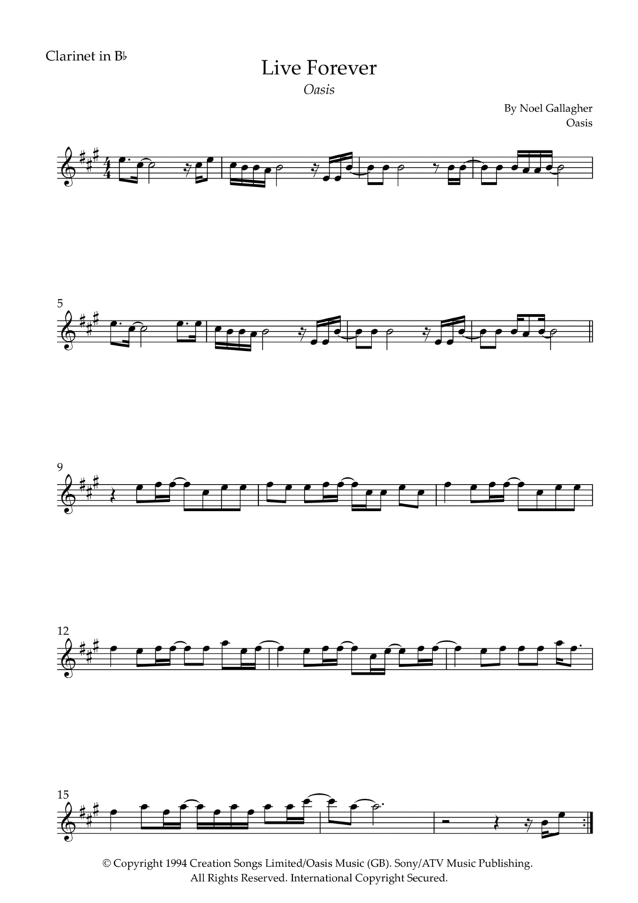 Live Forever Live Forever B-Flat Clarinet scores gallery preview page 1