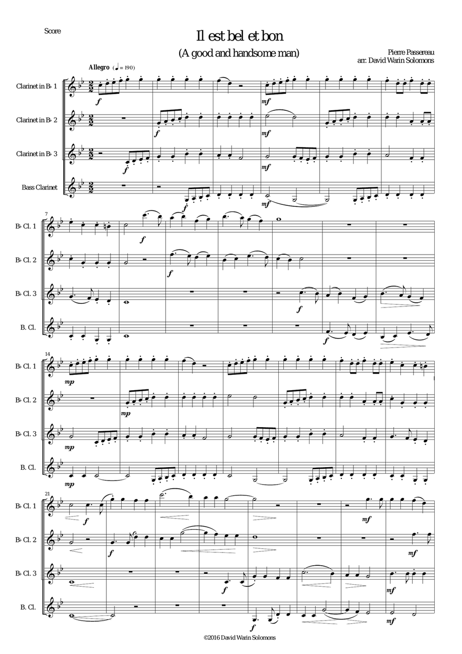 Il est bel et bon (He is good and handsome) for clarinet quartet (3 B flats and 1 Bass) Clarinet Quartet scores gallery preview page 1