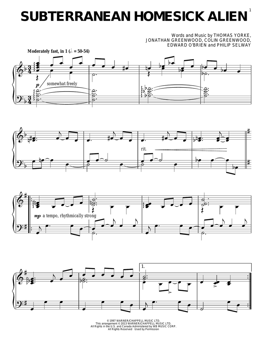 Subterranean Homesick Alien Piano Solo scores gallery preview page 1