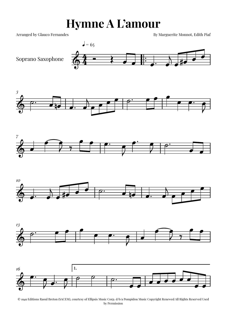 Hymne A L'amour Soprano Saxophone scores gallery preview page 1