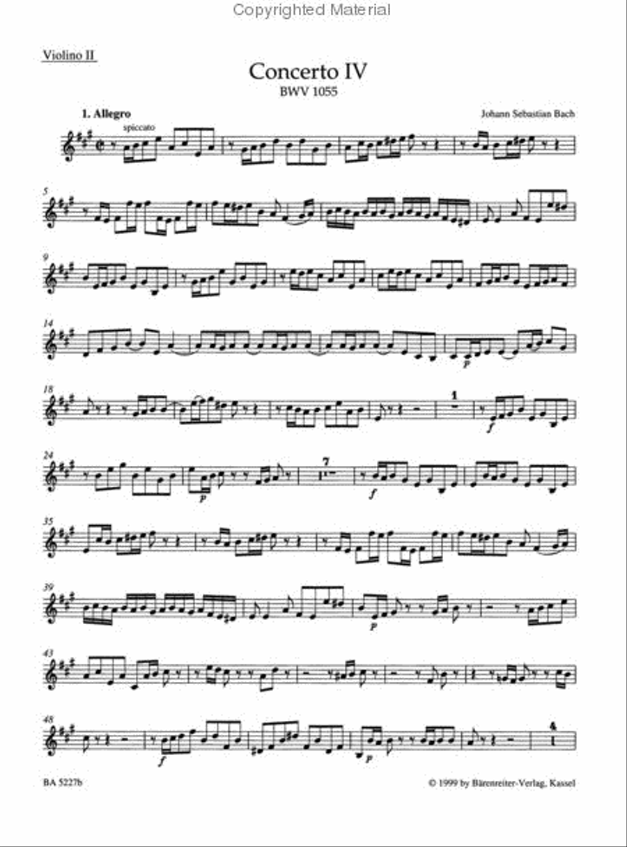 Concerto for Harpsichord and Strings No. 4 A major BWV 1055 Violin scores gallery preview page 2