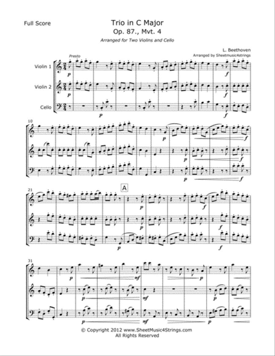 Beethoven, L. Trio Op. 87 (Mvt. 4) for Two Violins and Cello Beethoven, L. Trio Op. 87 (Mvt. 4) for Two Violins and Cello String Trio scores gallery preview page 1