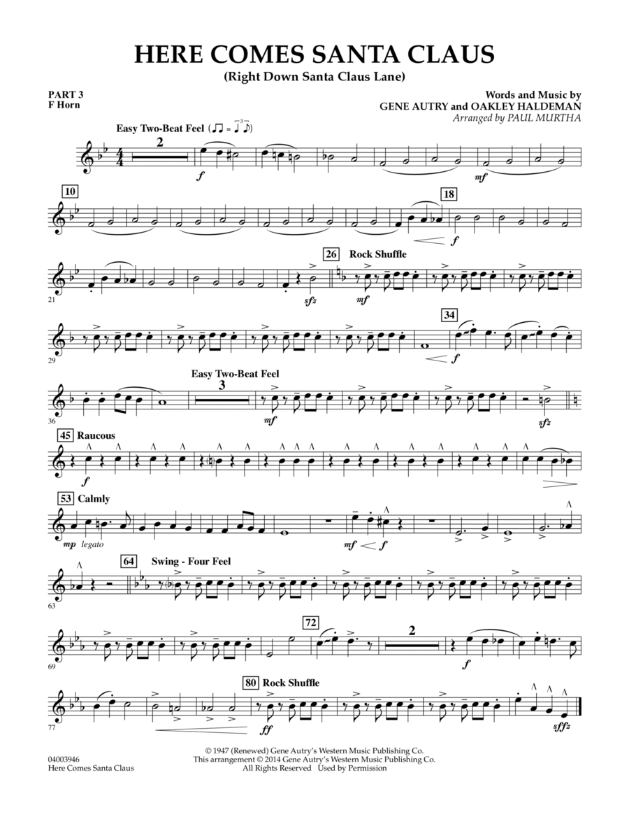 Here Comes Santa Claus (Right Down Santa Claus Lane) - Pt.3 - F Horn Concert Band scores gallery preview page 1