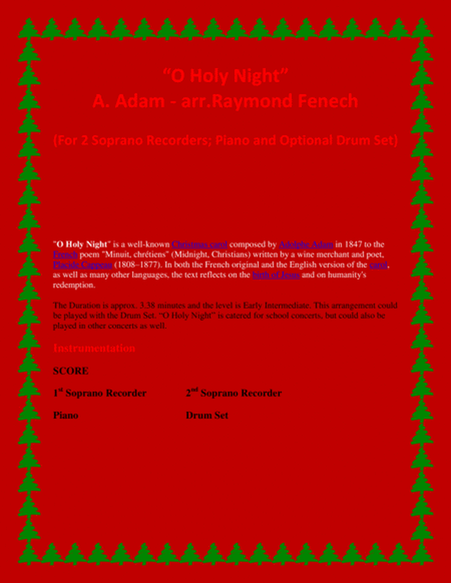 O Holy Night - 2 Soprano Recorders, Piano and Optional Drum Set - Intermediate Level image number null