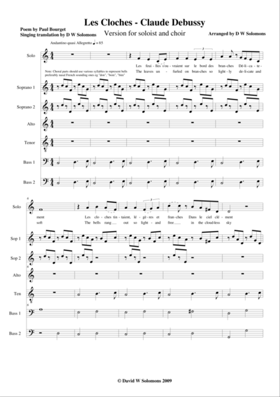 Les Cloches (The Bells) by Debussy arranged for choir and soloist A Cappella scores gallery preview page 1