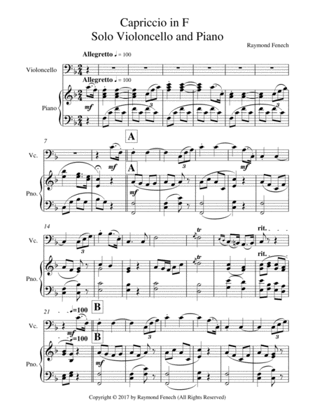 Capriccio in F - For Solo Violoncello and Piano image number null