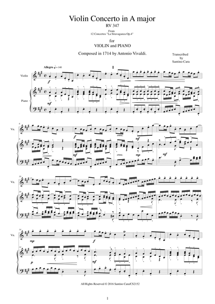 Vivaldi - Violin Concerto in A major RV 347 Op.4 No.5 for Violin and piano image number null
