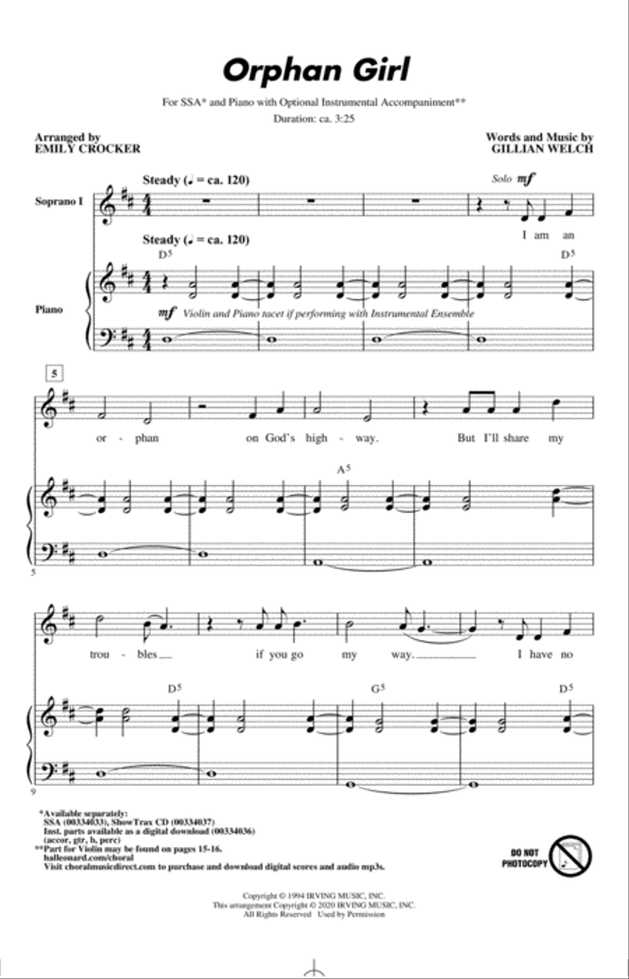 Orphan Girl (arr. Emily Crocker) SSA scores gallery preview page 1
