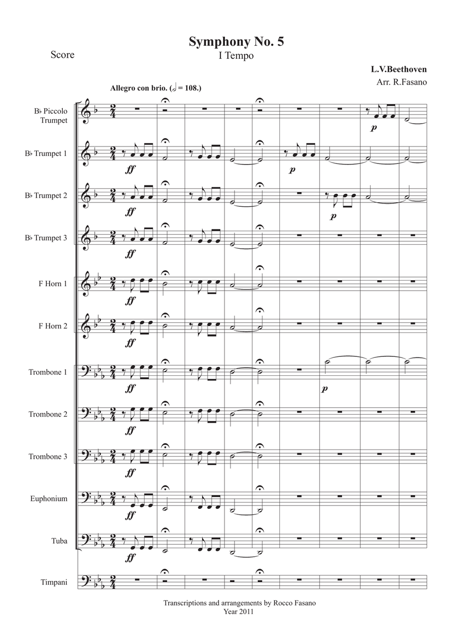 Beethoven Symphony No.5 (1st Movement) for Eleven Brass Ensemble and Timpani Brass Ensemble scores gallery preview page 2