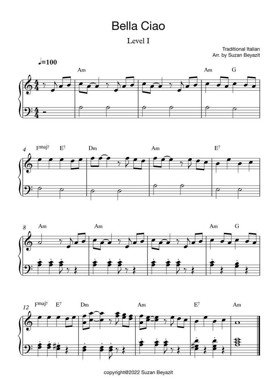 Bella Ciao (Level 1) Easy Piano scores gallery preview page 1