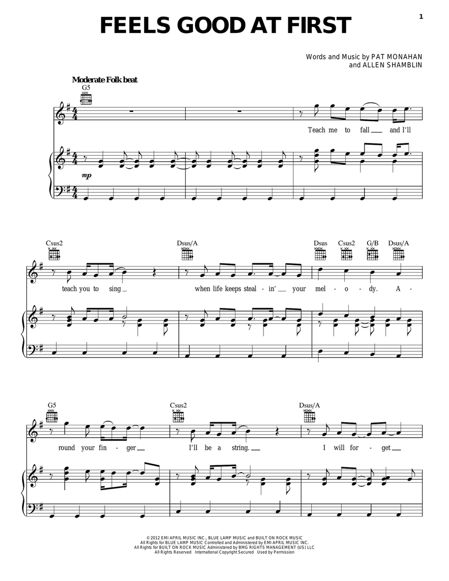 Feels Good At First Piano, Vocal, Guitar scores gallery preview page 1