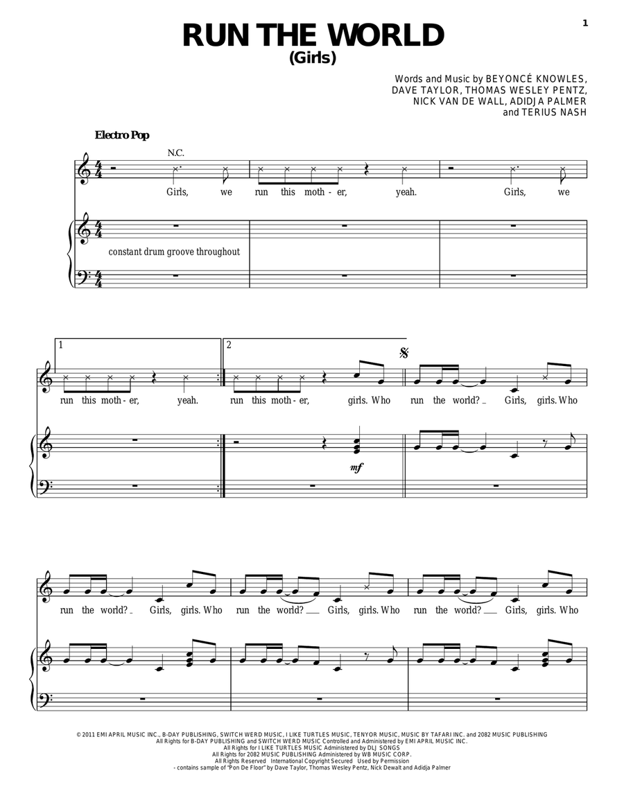 Run The World (Girls) Piano, Vocal, Guitar scores gallery preview page 1