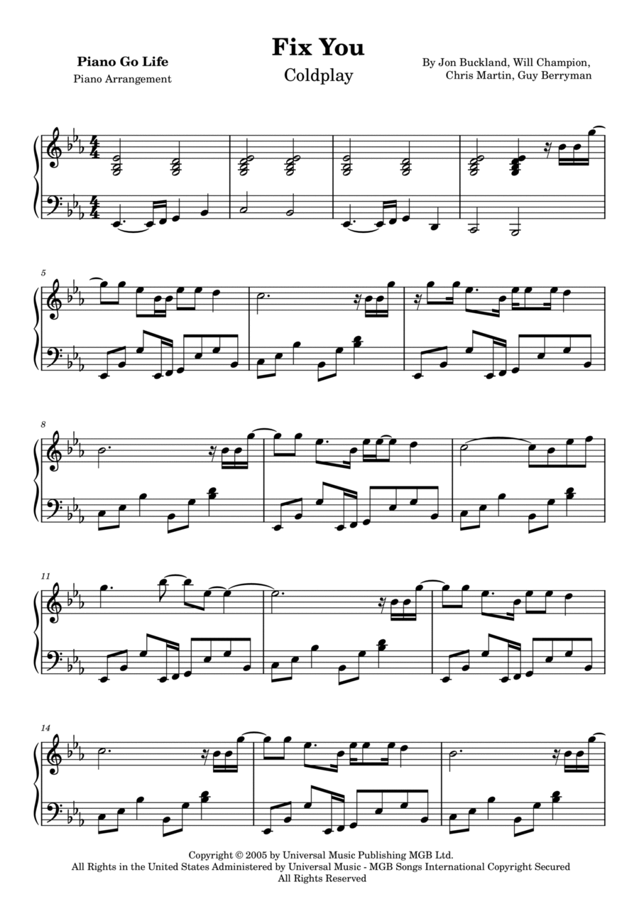 Fix You Piano Solo scores gallery preview page 1
