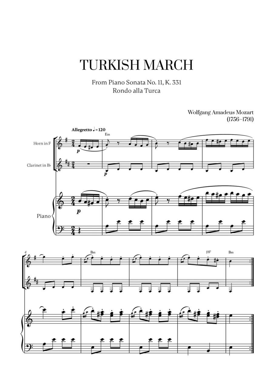 W. A. Mozart - Turkish March (Alla Turca) (with chords) (for French Horn and Clarinet) Woodwind Duet scores gallery preview page 1