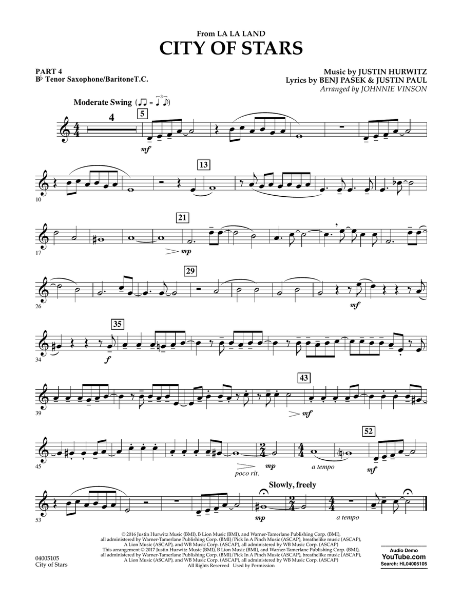 City of Stars (from La La Land) - Pt.4 - Bb Tenor Sax/Bar. T.C. Concert Band scores gallery preview page 1