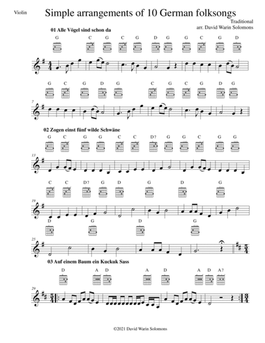 10 Volkslieder - Simple arrangements of 10 German folk songs (violin and guitar chords) image number null