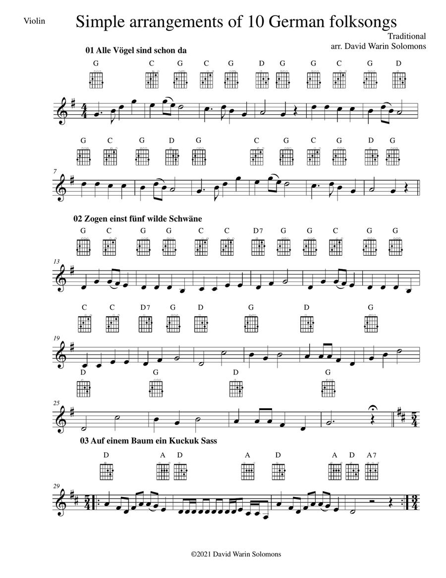 10 Volkslieder - Simple arrangements of 10 German folk songs (violin and guitar chords) String Duet scores gallery preview page 1