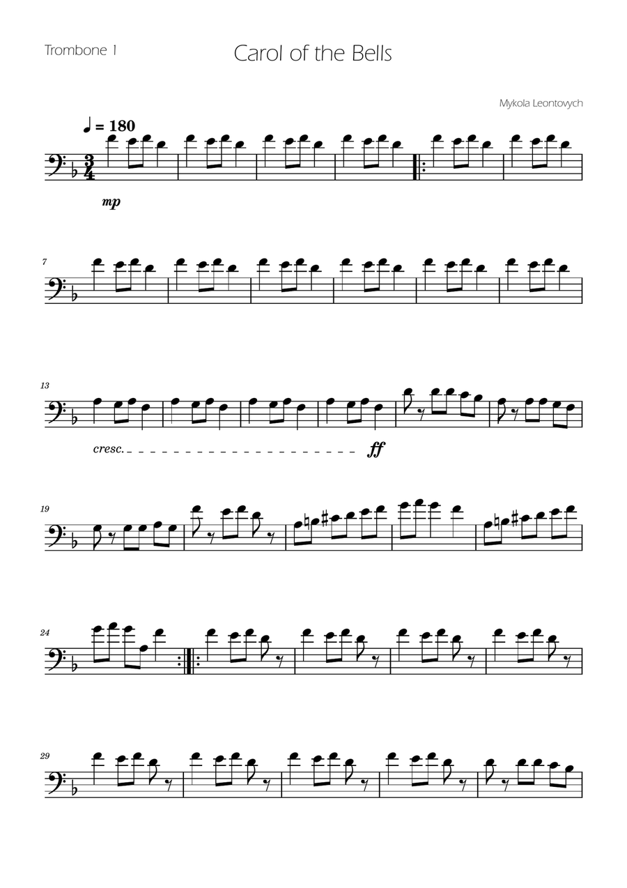 Carol of The Bells - Trombone and Euphonium Duet Brass Duet scores gallery preview page 3
