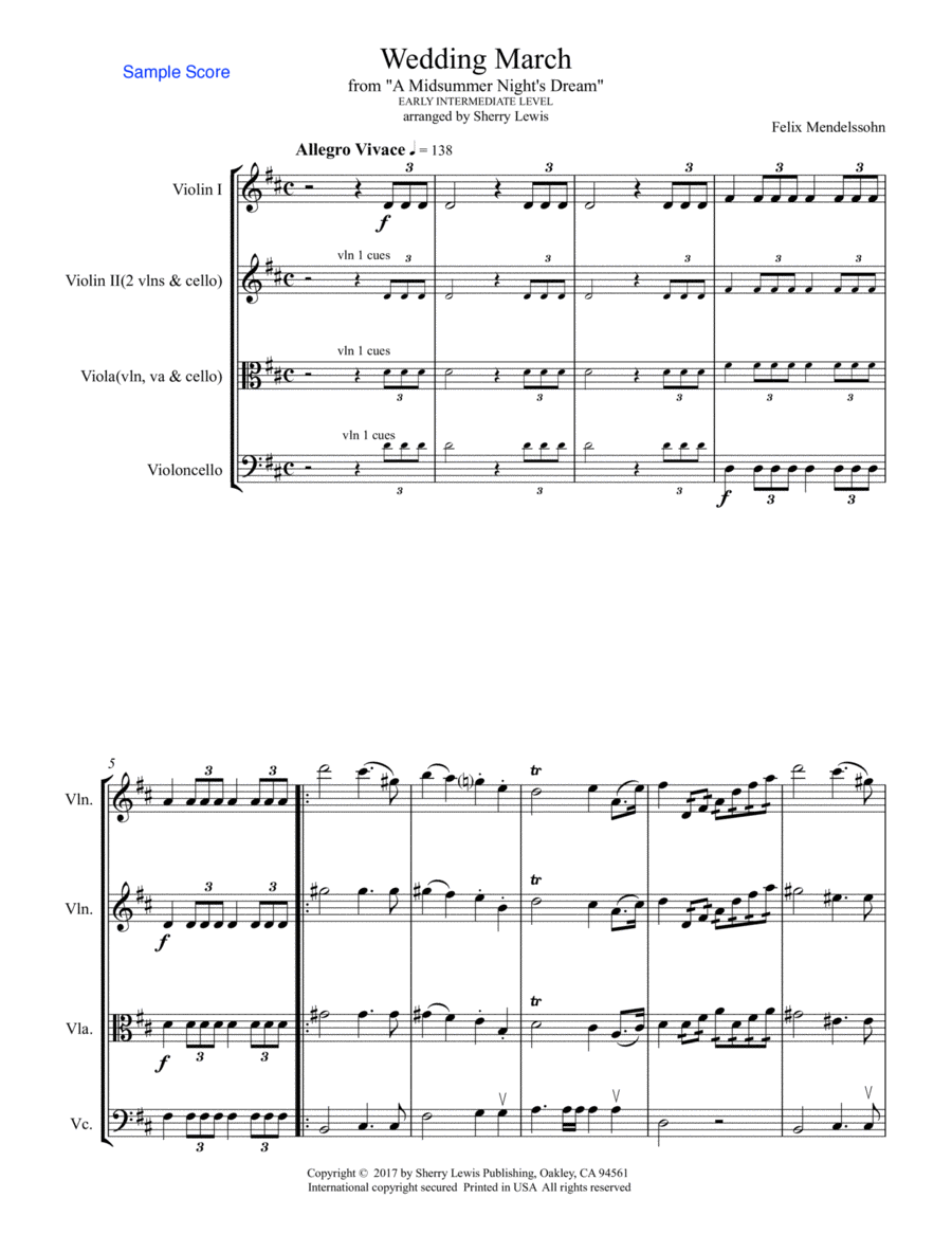 WEDDING MARCH String Trio Early Intermediate Level for 2 violins and cello or violin viola and ce