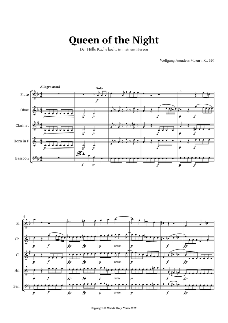 Queen of the Night Aria by Mozart for Woodwind Quintet Woodwind Quintet scores gallery preview page 1