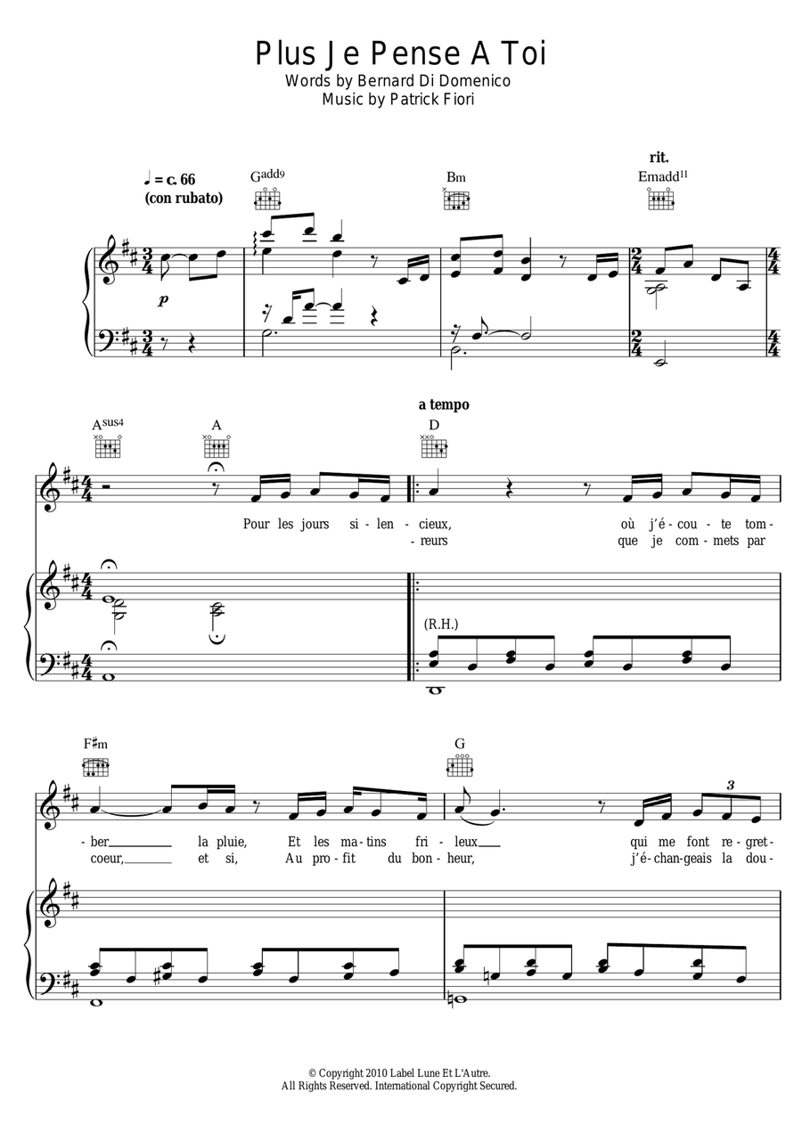 Plus Je Pense A Toi Piano, Vocal scores gallery preview page 1