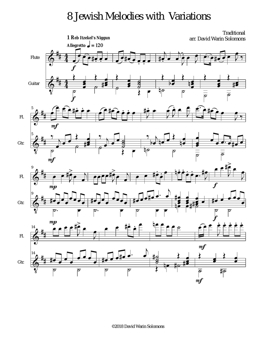 8 Jewish Melodies with Variations for flute and guitar Flute scores gallery preview page 1