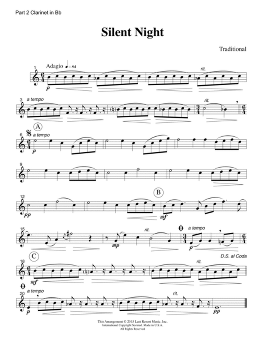 Silent Night for Wind Trio (Flute or Oboe, Clarinet & Bassoon) Set of 3 Parts