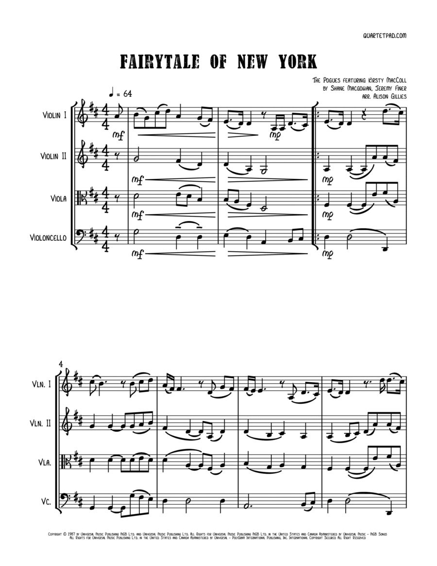 Fairytale Of New York String Quartet scores gallery preview page 1