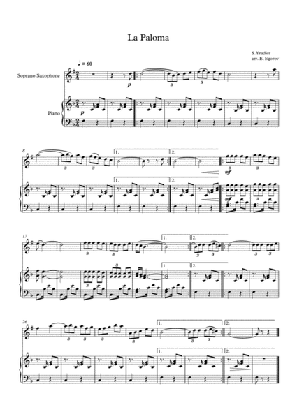 La Paloma, Sebastian Yradier, For Soprano Saxophone & Piano image number null