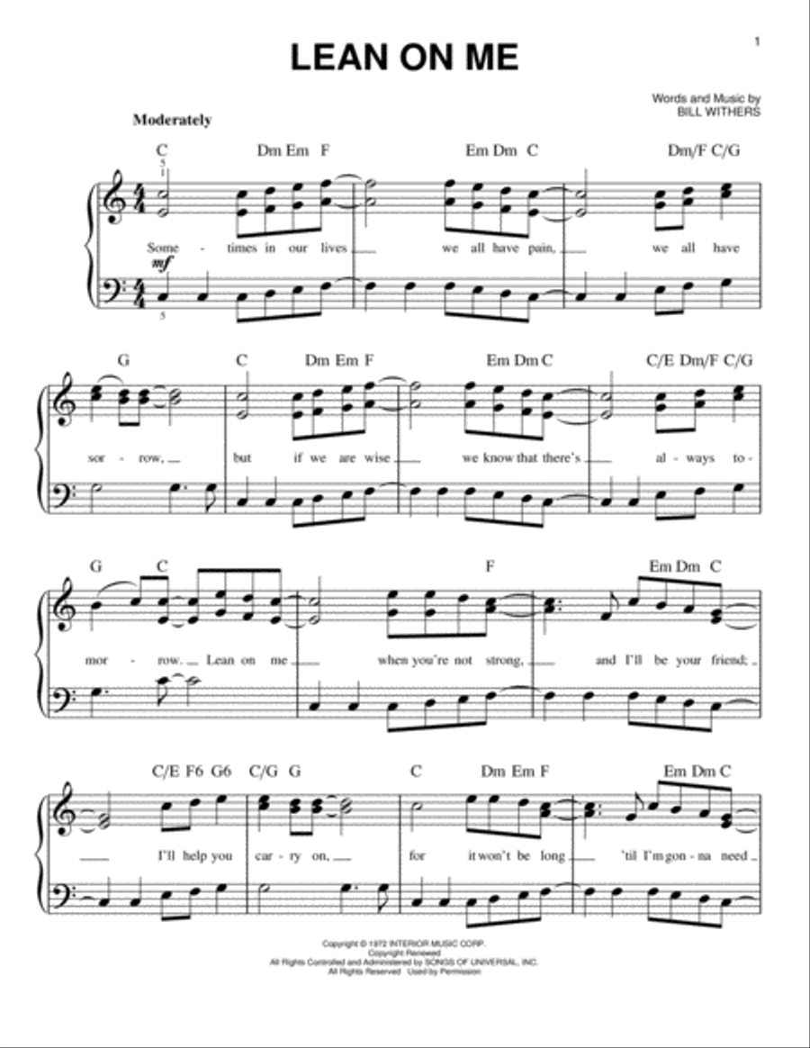 Lean On Me Lean On Me Easy Piano scores gallery preview page 1
