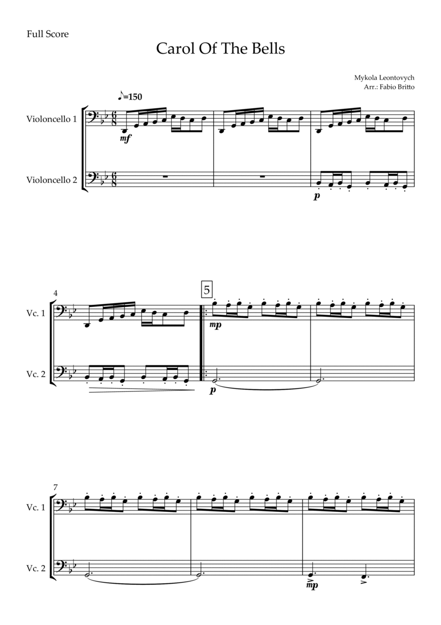 Carol Of The Bells (Mykola Leontovych) for Cello Duo String Duet scores gallery preview page 1
