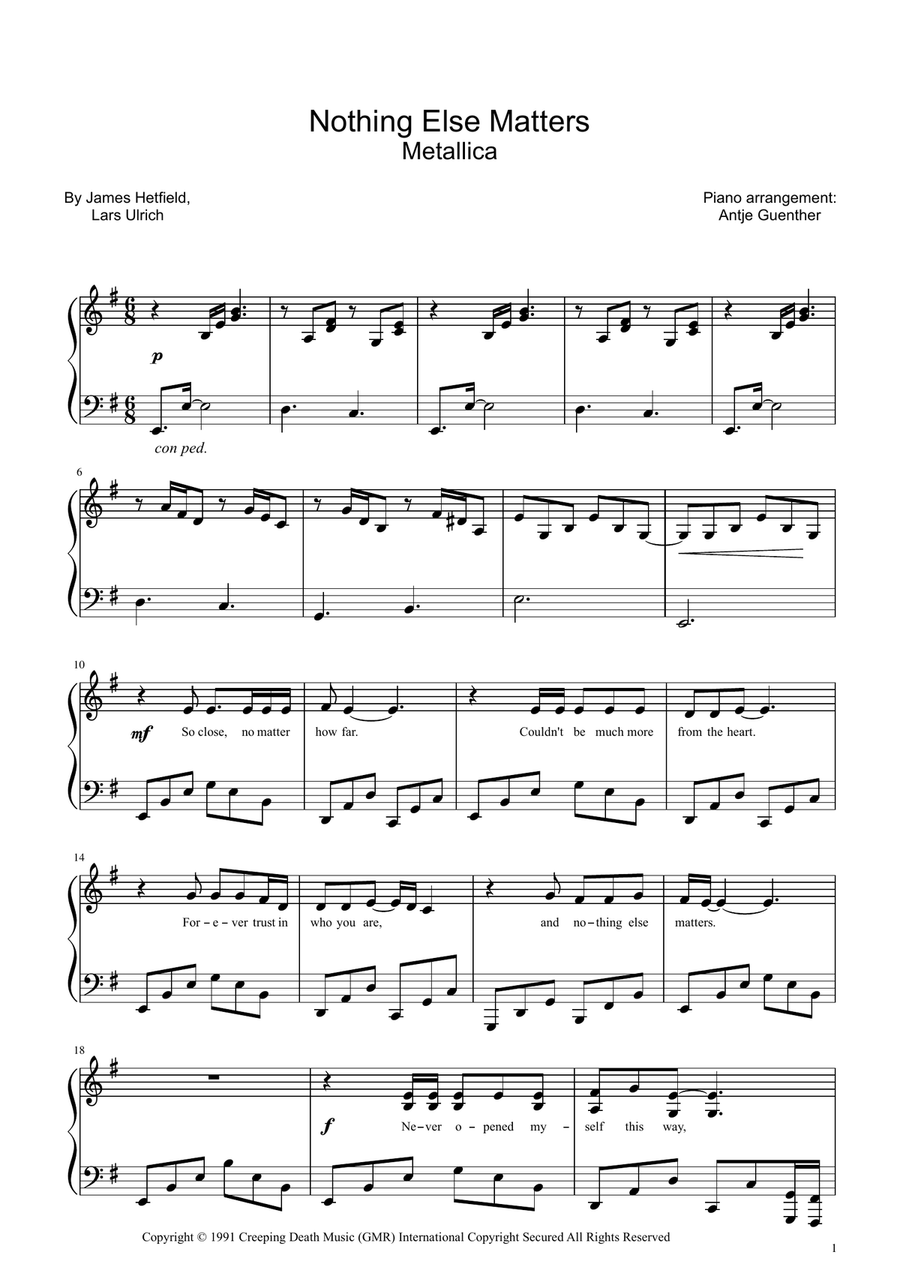Nothing Else Matters Piano Solo scores gallery preview page 1