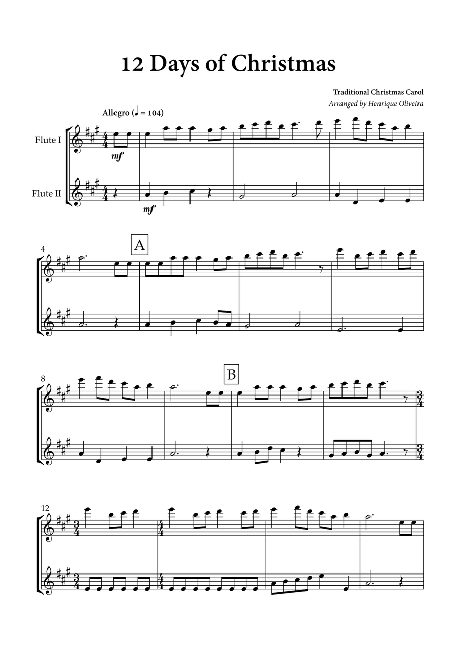 12 days of Christmas (Flute Duet) - Christmas Carol Flute Duet scores gallery preview page 1