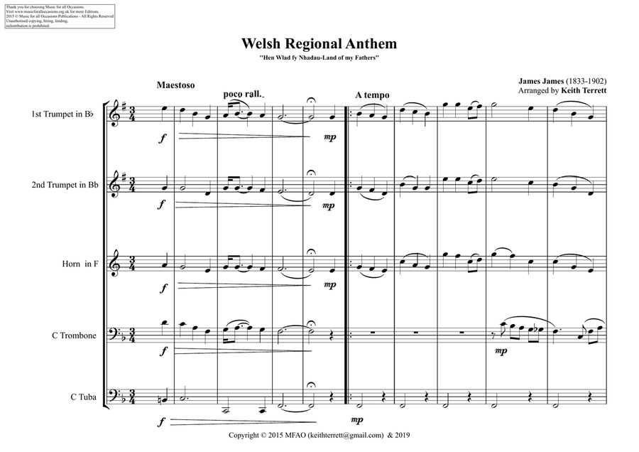 Welsh/Cornish/Breton Regional Anthem (Land of my Fathers) for Brass Quintet (World National Anthem Brass Quintet scores gallery preview page 2