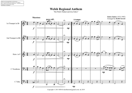 Welsh Regional Anthem (Land of my Fathers) for Brass Quintet (MFAO World National Anthem Series) image number null
