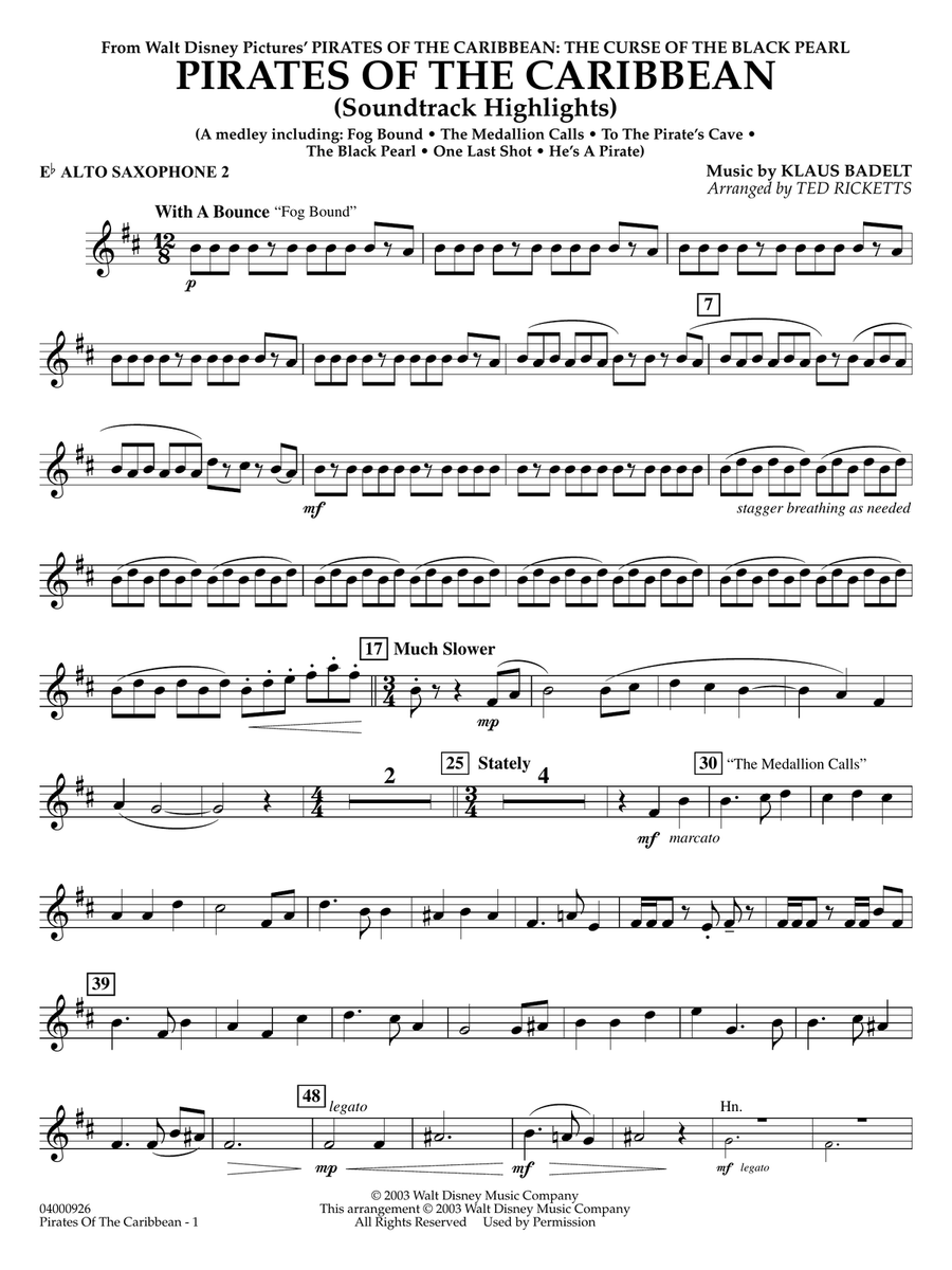 Pirates of the Caribbean (Soundtrack Highlights) (arr. Ted Ricketts) - Eb Alto Saxophone 2 Concert Band scores gallery preview page 1