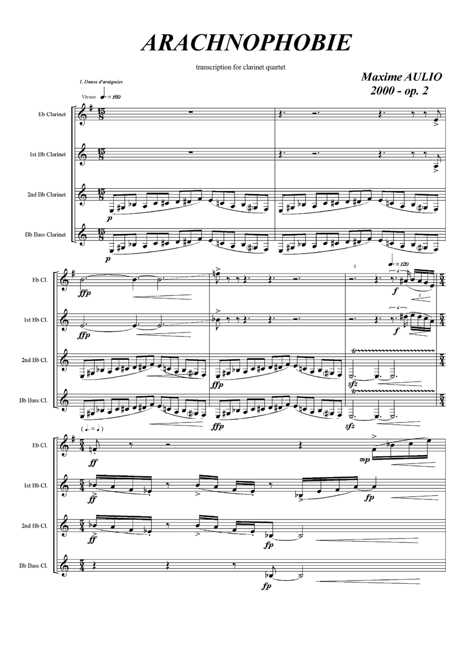 Arachnophobia, for clarinet quartet - score Clarinet Quartet scores gallery preview page 1