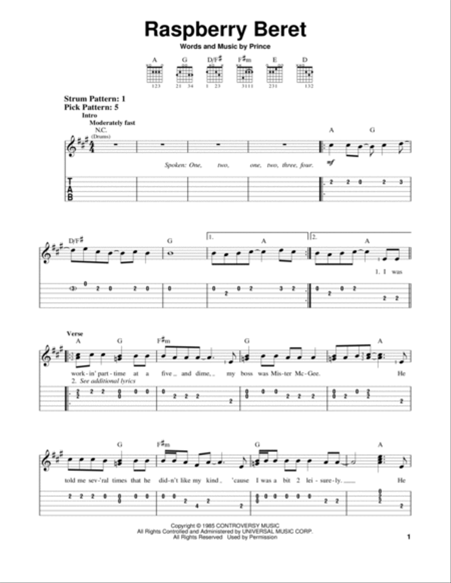Raspberry Beret Acoustic Guitar scores gallery preview page 1